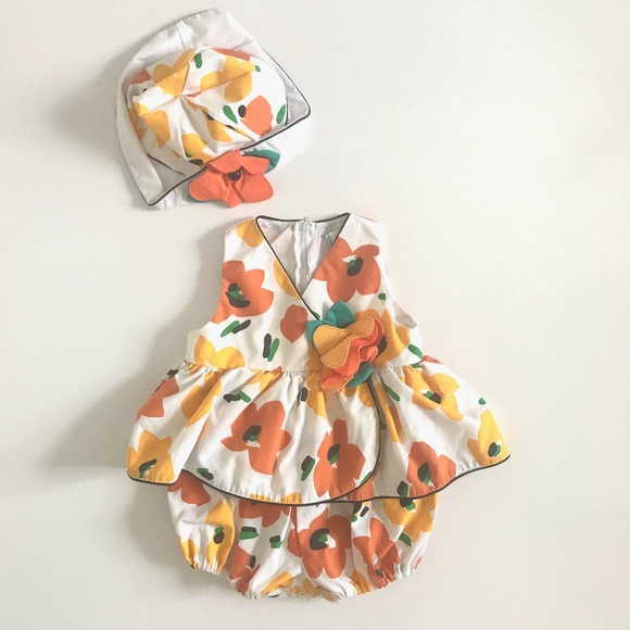 Vintage Other - Vintage Baby Togs Floral Romper with Matching Hat